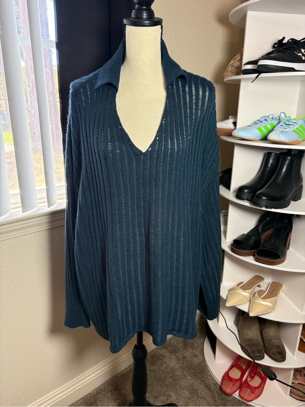DAVI & DANI Deep Teal Ribbed V-Neck Collared Sweater